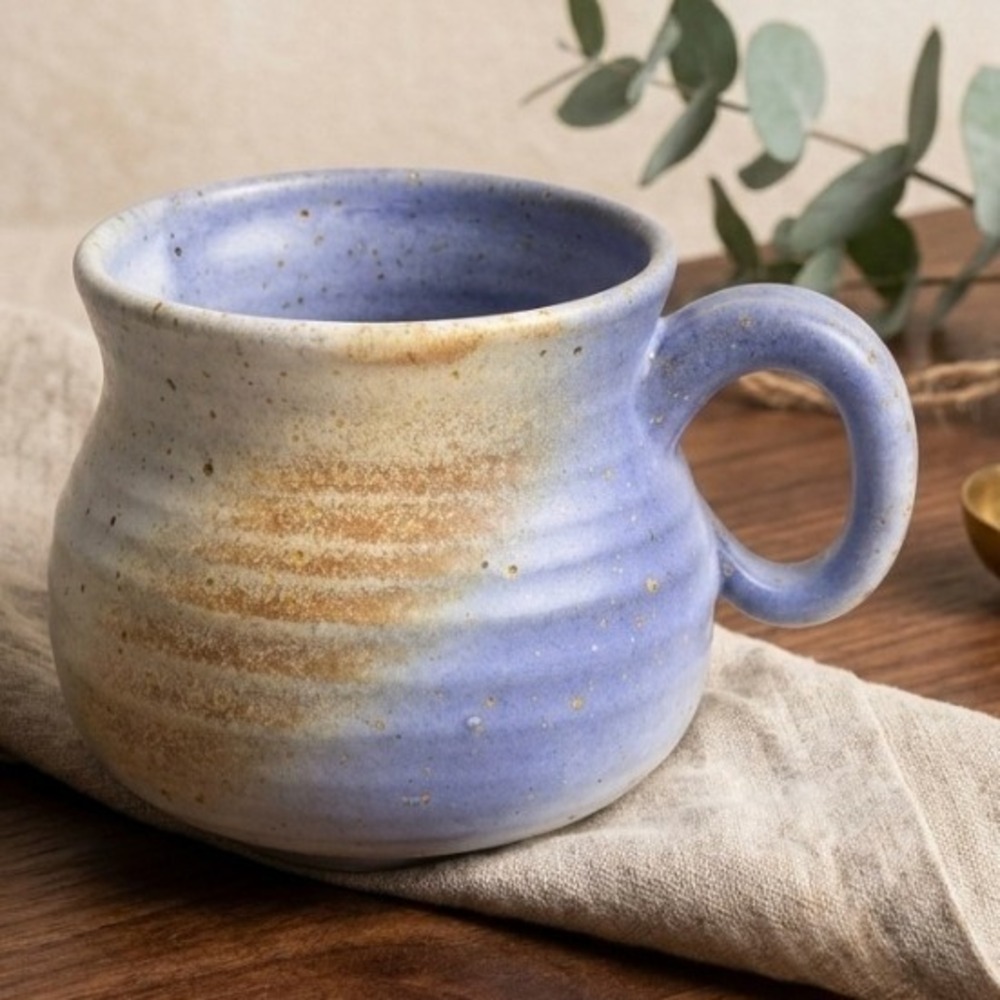 Artisanal Studio Pottery Blue and Tan Speckled Ribbed Ceramic Coffee Mug